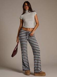 Aloruh 女士新款棕色条纹低腰裤，秋冬季 - 彩色 - 查看 7