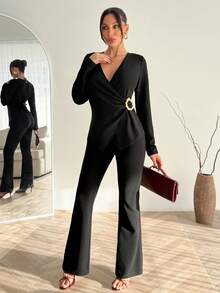 EURMUSE 女士黑色两件套——优雅的裹身式上衣配水钻搭扣和高腰阔腿裤，时尚性感派对装扮 - 黑色 - 查看 4