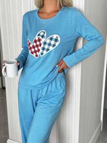 EURMUSE Set de pijama de 2 piezas con camisa de manga larga con estampado de corazón y detalles a cuadros + pantalones, 100% algodón - Azul - Ver 5