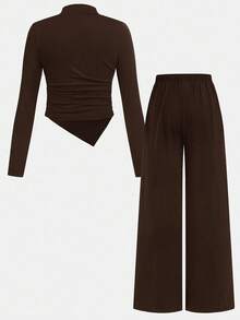 Serisse Kids 少女休闲基础款简约舒适高弹力抓绒立领不对称褶皱修身上衣和宽松阔腿裤两件套，返校季，适合日常外出穿着 - 棕色 - 查看 2