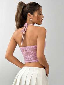 SHEIN EZwear Women's Pink Lace Patchwork Backless Casual Camisole, Valentine's Day Ladies Tank Top - Pink - View 2