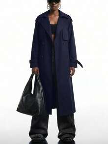 LYSMO 女式休闲纯色双排扣风衣，秋季 - 藏蓝色 - 查看 5