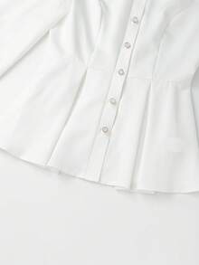 Franclia Camisa de mujer, cuello redondo, manga raglán larga, cierre delantero con botones, cuello decorado con cuentas, diseño de cintura entallada, uso versátil y elegante para el día a día - Blanco - Ver 6