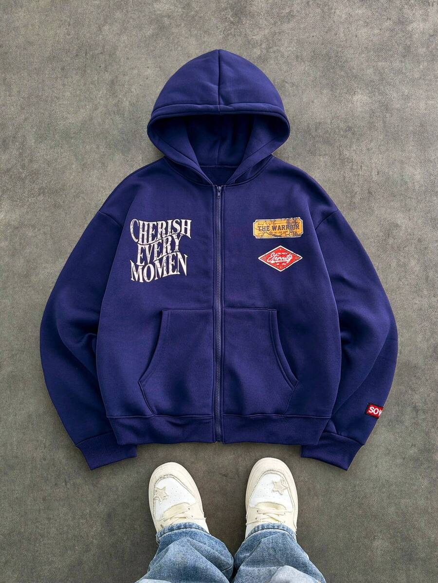 Manfinity Unisex 男士休闲拉链连帽衫，带丝网印花，宽松版型，春秋季，秋冬 - 寶藍色 - 查看 1