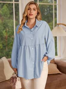 Rosumi Plus Size Winter Women Casual Striped Lantern Sleeve Shirt - Blue and White - View 1