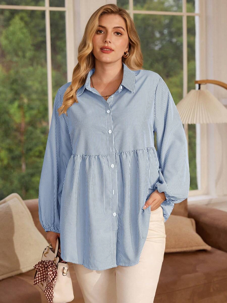 Rosumi Plus Size Winter Women Casual Striped Lantern Sleeve Shirt - Blue and White - View 1