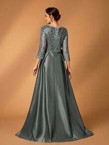 Serin Elegante y lujoso vestido de manga larga transparente con bordado de encaje floral, con perlas y lazo con diamantes, con vuelo. Adecuado para boda, fiesta, vacaciones, baile de graduación, vestido de noche para novia, madre de la novia - Verde - Ver 3