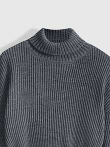 ROMWE Suéter de punto acanalado de cuello alto de unicolor casual diario para mujer, otoño/invierno - Gris Oscuro - Ver 3