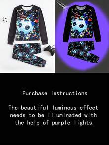 2pcs/Set Teenage Boys' Knitted Round Neck Long Sleeve Colorful Football Pattern Snug Fit Long Pants Luminous Effect Loungewear Set - Multicolor - View 4