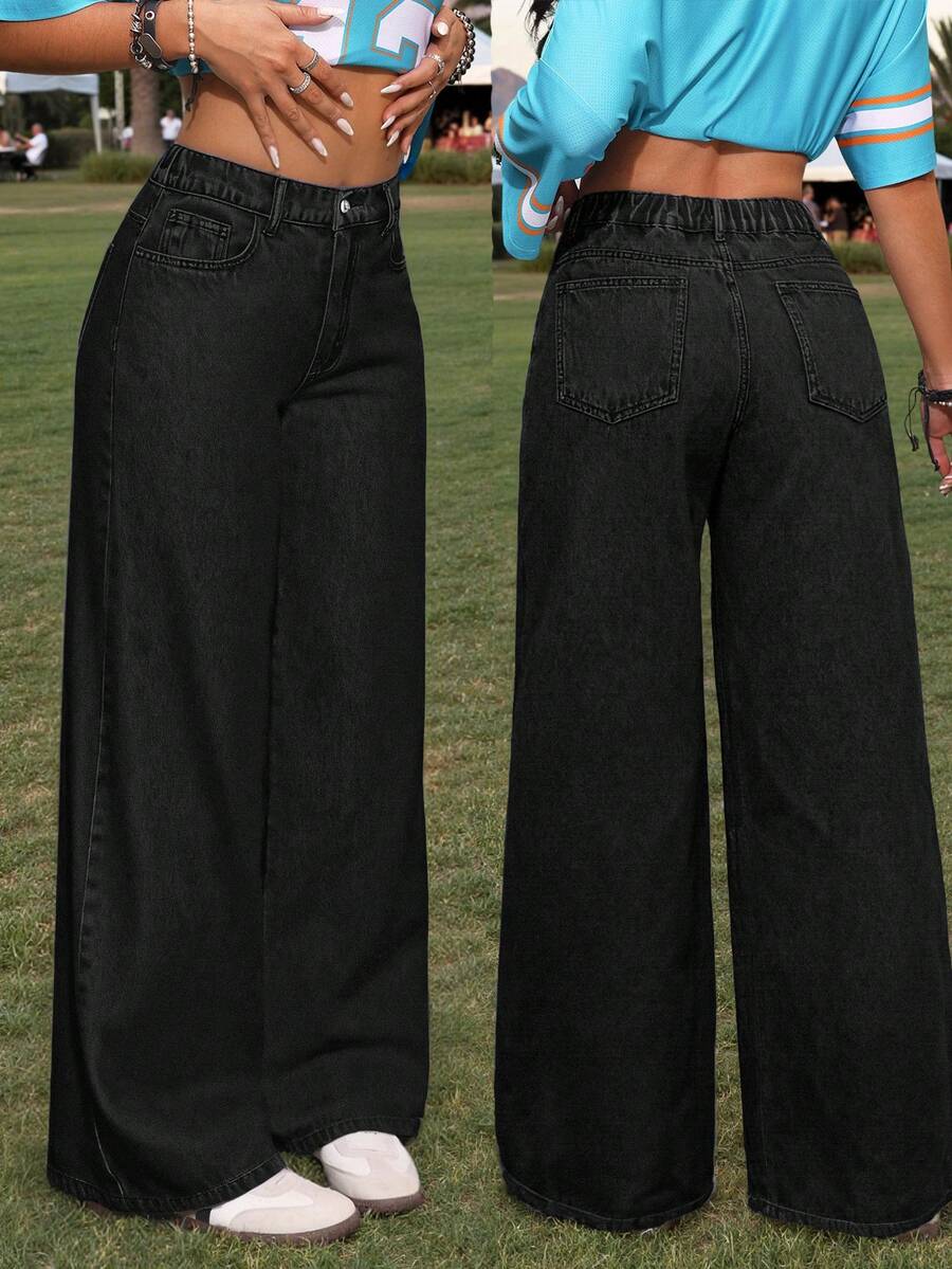 SHEIN PETITE Women's Solid Color Mid-Waist Straight Loose Casual Versatile Fashion Simple Jeans - Black - View 1
