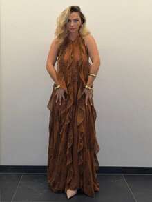 Jeta Ari Women Clothes, Women's Elegant Brown Leoprard Print Maxi Dress, Halter Neck Sleeveless With Ruffles Simple Fashion Daily Casual, Women Dresses, Party Women Dresses, Beach Women Outfits, Summer Women Outfit, Elegant Women Dresses, Valentin Day Dress, Long Dress. For Date Night, Concerts, Performances, Parties, Clubs, Evening - Mocha Brown - View 5