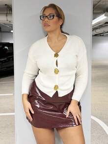 MelDlgn Shell Metal Button Solid Color Loose Knit Cardigan Winter Fall Autumn CASUAL - Apricot - View 4