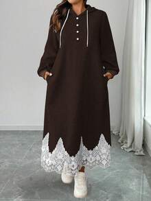 Elenzga 大码女式法式休闲印花长款卫衣连衣裙 连帽连衣裙 穆斯林女式连衣裙 棕色连衣裙 女式连衣裙 长袖端庄连衣裙 - 棕色 - 查看 6