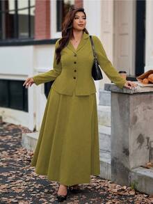 Vionelle 大码女式法式休闲长袖上衣和中长裙两件套，秋冬款 - 橄欖綠 - 查看 7
