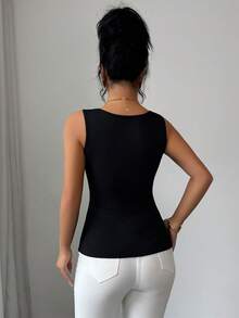 Elenzga Women's Ribbed Knit Sleeveless Fitted Tank Top With Floral Decor At Front Neckline, Spring/Summer - Black - View 2