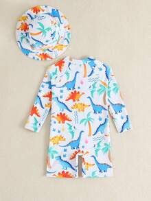 SHEIN Toddler Boys' Swimsuit, Cute Cartoon Dinosaur Print Long Sleeve One-Piece Swimwear With Sun Hat, Suitable For Summer Vacation, Beach, Surfing, Water Park - Multicolor - View 2