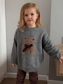 Dazy Kids Áo len dài tay dáng rộng họa tiết gấu hoạt hình cho bé gái, thích hợp mặc mùa thu/đông. - Xám - Xem 3