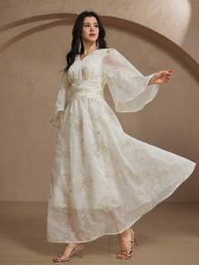 DAZY Women's Elegant Party Sequin Embroidered Flare Sleeve Dress - Apricot - View 4