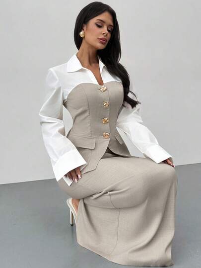 Firerie 女士休闲优雅亚麻套装，适合通勤/教师着装/正式场合/商务休闲套装/精致知性套装/女士春季服装/女士优雅衬衫/休闲连衣裙/女士休闲套装