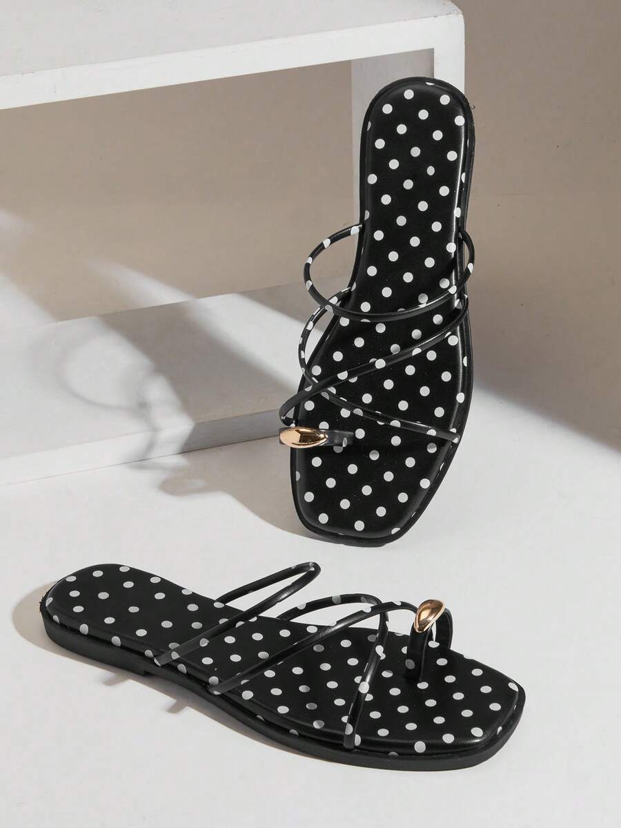 SHUZIA #UrbanDots Sandal Wanita Minimalis Bertali dengan Motif Titik Hitam – Kontemporer, Bersih & Serbaguna. - Hitam - View 1