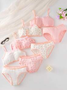 Ensembles de soutien-gorge et de culotte pour préadolescentes - 4 paquets, imprimé floral rose pastel et blanc avec bordure en dentelle, bretelles réglables, taille élastique confortable, léger pour le sommeil, le repos et le port quotidien, idéal pour toutes les saisons, 2026 Vacances, mignon et délicat, essentiel