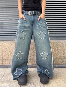 ROMWE MEN Men's Loose Fit Star Embroidered Denim Jeans - Dark Wash - View 5