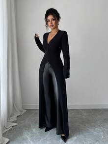 SHEIN PETITE 女士复古、街头、北欧、颓废、韩式风格穿搭，适合约会、工作、办公室、感恩节、优雅派对等场合。黑色中长款纽扣开衫毛衣 - 黑色 - 查看 3