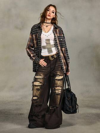 Grunge Punk Jeans da donna con vestibilità rilassata, stile grunge, effetto vissuto, vintage, oversize e strappati