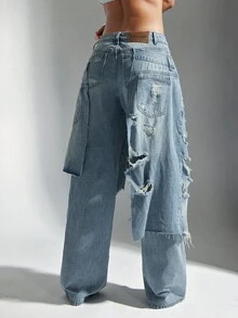 Denimoi Baggy Fit Distressed Frayed Hem Overlapping Denim Jeans - Light Wash - View 7