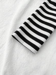 Tween Girls Black And White Striped Ribbed Knit Long Sleeve T-Shirt,2 In 1 Button Waist Ruched Crew Neck Crop Top,Casual Summer School Back-To-School - Black and White - View 5