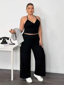 Truni Conjunto de 3 piezas para mujer talla grande con top corto de cuello halter, pantalones de pierna ancha y camiseta de manga larga con cuello asimétrico para primavera/otoño/invierno - Negro - Ver 4