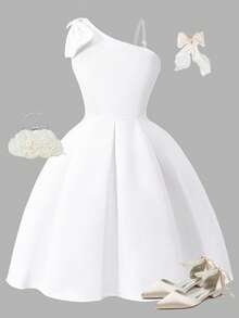 SHEIN 优雅奢华女童不对称蝴蝶结肩部连衣裙，适合婚礼、派对、度假、新娘、礼物、新娘送礼会等场合。