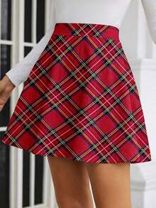 SHEIN Frenchy Women's Casual Pleated Skirt, Red Plaid Print - Multicolor - View 3