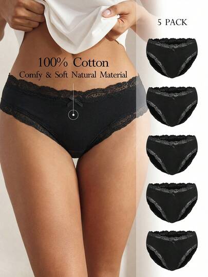 Ocili 5pcs/Pack Chic Autumn Leisure Basic Solid Color Soft Cotton Lace Trim Low Waist Women's Briefs