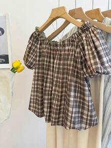 Franclia Women's Spring/Summer New Plaid Off-Shoulder Ruffle Trim Round Neck Short Sleeve Slim Cute Blouse - Multicolor - View 2