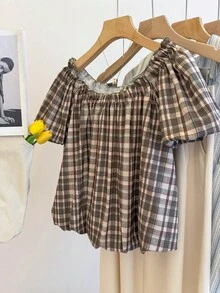 Franclia Women's Spring/Summer New Plaid Off-Shoulder Ruffle Trim Round Neck Short Sleeve Slim Cute Blouse - Multicolor - View 5