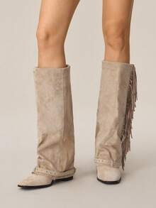 Women's Vintage Fringe Decor Chunky High Heel Ankle Boots - Beige - View 2