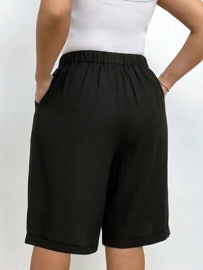 EMERY ROSE Pantalones cortos holgados de lino de talla grande para mujer, de unicolor, con bolsillo y lazo en la cintura, pantalones cortos anchos y de pierna ancha, pantalones cortos modestos para vacaciones y verano, color negro
