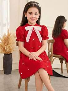 SHEIN 年轻女孩时尚优雅修身珍珠装饰泡泡袖A字编织纹理纯色连衣裙 - 紅色 - 查看 7