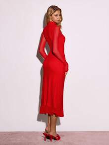 Sweetina Women's Elegant Red Autumn Long Sleeve Dress,Mesh Patchwork Stand Collar High Slit Solid Color Party Birthday Vacation Valentines Day Long Dress - Red - View 2