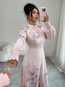 Modelyn 女士立领、插肩袖、收腰、优雅印花连衣裙 - 粉色 - 查看 7
