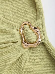 Sweetra Petite 2pcs Minimalist Commuter Knit Textured Comfortable Casual Metal Buckle Decor Petite Women Set, Autumn/Winter - Green - View 7