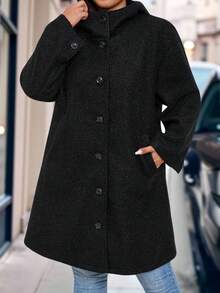 EMERY ROSE Jaqueta preta de lã com capuz, tamanho grande, estilo casual e folgado, com bolsos.