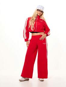 SUMWON WOMEN Red Oversized Cropped Track Jacket With White Contrast Stripes And Full Front Zip Closure For Casual Everyday Wear - Red - View 5