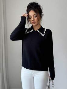 SHEIN PETITE Women's Black Autumn Elegant Office Long Sleeve Knit Sweater Top,Vintage Korean Style Collared Studded Beaded Design Versatile For Dates,Work,Parties - Black - View 5