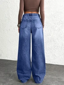 Quần jean nữ cạp cao cổ điển ống rộng độ rộng vừa phải eo bất đối xứng Y2K - Màu xanh nhạt - Xem 2