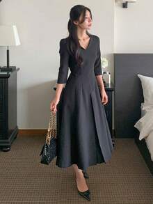 DAZY Đầm midi ôm dáng có cổ dành cho nữ, thích hợp để mặc đi làm hoặc đi chơi. - màu đen - Xem 7