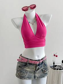 Comfortcana Y2K Solid Backless Crop Sexy Ruched Halter Top - Hot Pink - View 6
