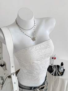 SHEIN EZwear Lace Strapless Top For Women - White - View 3