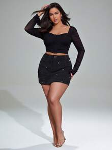 Denimoi 大码牛仔裙配水钻装饰，简约时尚，适合夏季 - 黑色 - 查看 3